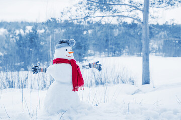 snowman in red scarf in forest