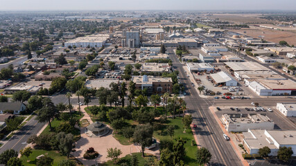 Morning aerial view of the downtown area of Tulare, California, USA.