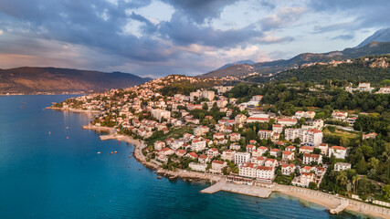 Fototapeta premium Aerial panoramic view of the Herceg Novi in Bay of Kotor Montenegro