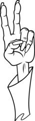 Outlined Cartoon Witch Hand Showing Peace Sign Gesture. Vector Hand Drawn Illustration Isolated On White Background
