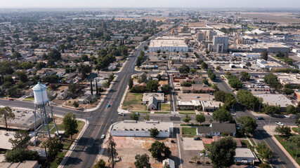 Morning aerial view of the downtown area of Tulare, California, USA. - obrazy, fototapety, plakaty