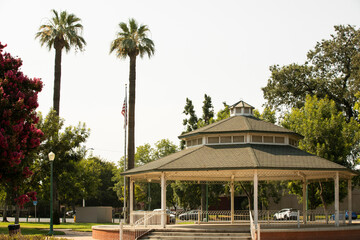 Morning view of the downtown park area of Tulare, California, USA.