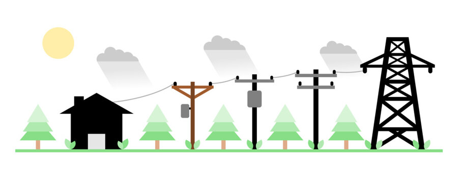 Electric poles to transmit electricity to house or home with tree icon flat vector design. Concept eco clean green energy environmentally friendly.