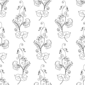 Seamless pattern with a print of flowering branches of sweet pea, pattern with black outline and white fill.