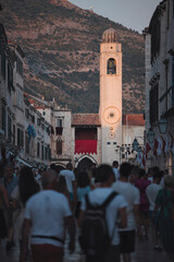 The Dubrovnik Bell Tower in Luža Square. It's also known as Sušak Bell Tower built in the 14th century. Top of the tower, Belvedere, from which you can see beautiful view of the old city of Dubrovnik - obrazy, fototapety, plakaty