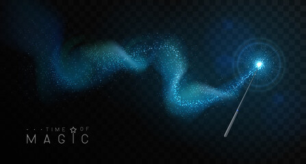 Magic wand with blue glowing shiny trail.  Isolated on black transparent background. Vector illustration - obrazy, fototapety, plakaty