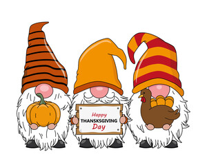 Autumnal card. Three cute gnomes with pumpkin, turkey and happy thanksgiving poster