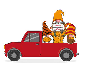 Happy thanksgiving card. Gnomes inside the vehicle with pumpkins. Isolated vector
