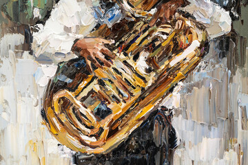 .A man plays the copper pipe. Music in a symphony orchestra on wind instruments. Oil painting on canvas. © Mariia