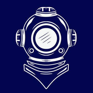 Scuba diving helmet line pop art logo. Colorful sea design with dark background. Abstract vector illustration.