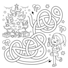 Maze or Labyrinth Game. Puzzle. Tangled Road. Coloring Page Outline Of cartoon girl decorating the Christmas tree. Christmas. New year. Coloring book for kids.
