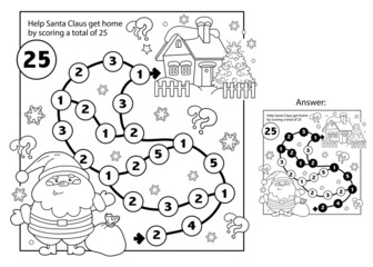 Math addition game. Puzzle for kids. Maze. Coloring Page Outline Of Santa Claus with gifts bag and Christmas tree. New year. Christmas. Coloring book for children.