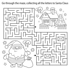 Maze or Labyrinth Game. Puzzle. Coloring Page Outline Of Santa Claus with gifts bag and Christmas tree. New year. Christmas. Coloring book for kids.