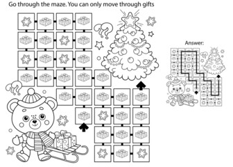 Maze or Labyrinth Game. Puzzle. Coloring Page Outline Of little bear with Christmas tree. New year. Christmas. Coloring book for kids.