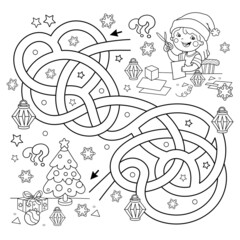 Maze or Labyrinth Game. Puzzle. Tangled Road. Coloring Page Outline Of cartoon girl making Christmas paper lanterns. Christmas. New year. Coloring book for kids.