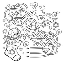 Maze or Labyrinth Game. Puzzle. Tangled Road. Coloring Page Outline Of Christmas boot or sock with gifts and dog. Christmas. New year. Coloring book for kids.