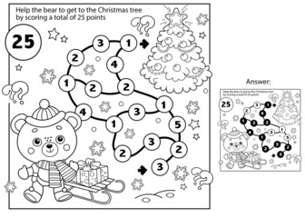 Math addition game. Puzzle for kids. Maze. Coloring Page Outline Of little bear with Christmas tree. New year. Christmas. Coloring book for children.