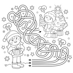 Maze or Labyrinth Game. Puzzle. Tangled Road. Coloring Page Outline Of children with gifts at Christmas tree. Christmas. New year. Coloring book for kids.