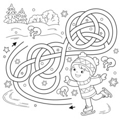 Maze or Labyrinth Game. Puzzle. Tangled Road. Coloring Page Outline Of cartoon girl skating. Winter sports. Coloring book for kids.