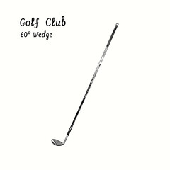 Golf Club types. 60° Wedge. Ink black and white doodle drawing in woodcut style.