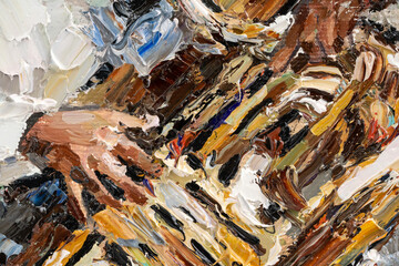 .A man plays the copper pipe. Music in a symphony orchestra on wind instruments. Oil painting on canvas.