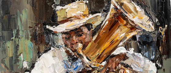 .A man plays the copper pipe. Music in a symphony orchestra on wind instruments. Oil painting on canvas. © Mariia