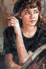 .A young girl reads an interesting book on a light warm background. Oil painting on canvas.