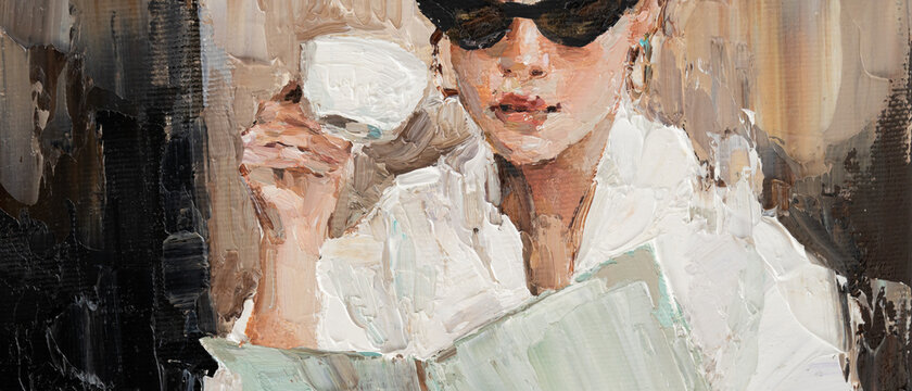 The girl in black glasses and a white robe. A towel is tied on her head. A woman is drinking coffee. Oil painting on canvas.