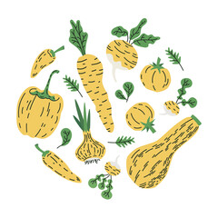 Doodle vegetables. Hand drawn carrot, pepper, squash and yellow tomato, healthy lifestyle vegetables cartoon vector illustration. Vegetarian organic food