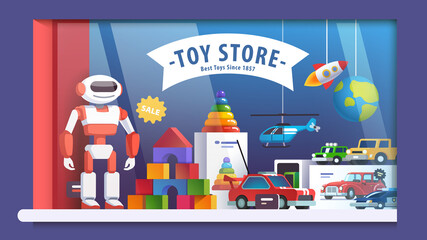 Robot, cars, pyramid, blocks in boy toy store