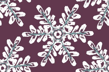 Winter seamless pattern. Snowflakes on a burgundy background. Sketch. Vector.