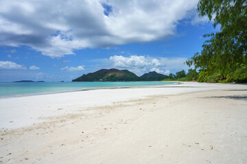 tropical beach at anse volbert on praslin on the seychelles