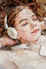 The red-haired girl listens to music with headphones. Oil painting on canvas. Portrait of a woman.