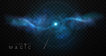 Magic wand with blue glowing shiny trail.  Isolated on black transparent background. Vector illustration