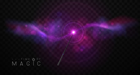 Magic wand with pink and violet glowing shiny trail.  Isolated on black transparent background. Vector illustration