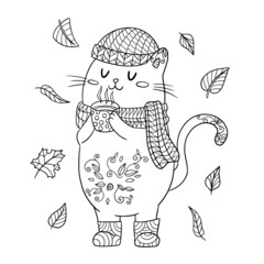Cat with hot tea in hat and scarf autumn illustration. Coloring book page with zentangle elements. Vector line art kitty in clothes.
