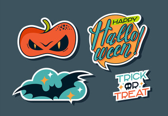 A set of stickers for the Halloween holiday. Stickers with inscriptions, pumpkin, bat.