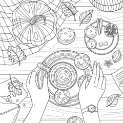 Autumn flat lay with tea, pumpkin, cookies, leaves. Coloring book page for adult top view table with decoration. Vector outline with zentangle elements.