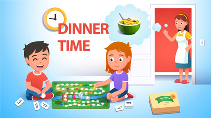 Mother calling children playing game for dinner
