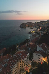 Travel to Dubrovnik.Aerial night amazing sunset sky in the summer. Visit attractions when in Dubrovnik are Fortresses Lovrijenac and Bokar. Visit the old tow museums, ancient palaces and cathedrals