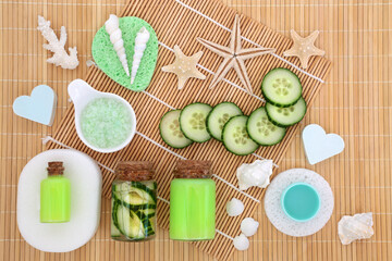 Cucumber spa anti wrinkle treatment concept for natural plant based skin and body health care with...