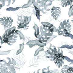 Gray Seamless Print. Black Watercolor Decor. White Pattern Backdrop. Tropical Background Floral Leaves. Summer Background Nature Plant. Vintage Illustration.