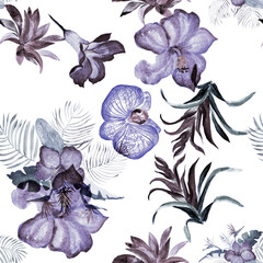 Indigo Hibiscus Garden. Blue Flower Painting. Navy Watercolor Plant. Gray Floral Plant. Seamless Foliage. Pattern Foliage. Tropical Plant. Art Background.