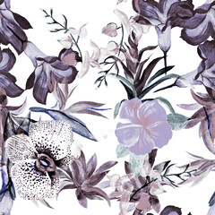 Indigo Tropical Foliage. Azure Exotic Illustration. Gray Hibiscus Set. Seamless Background. Pattern Garden. Watercolor Print. Summer Backdrop. Flower Plant.