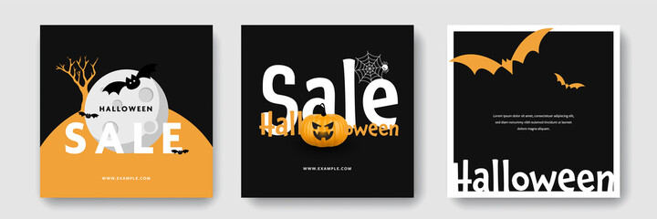 Social media posts for halloween, instagram and facebook square templates, web banners layouts with scary vector illustrations, black and yellow accent, simple editable graphic, bats, pumpkin, moon