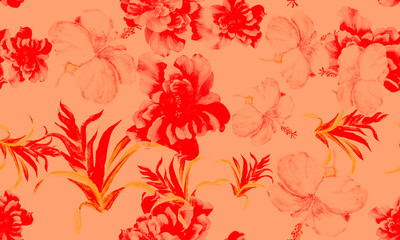 Coral Hibiscus Painting. Red Flower Backdrop. Pink Seamless Design. Scarlet Watercolor Plant. Pattern Garden. Tropical Design. Exotic Leaf. Art Palm.