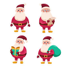 A set of  Santa Claus in pink and yellow suits, with gifts, a letter, yellow boots, Santa Claus with glasses, cartoon Christmas characters