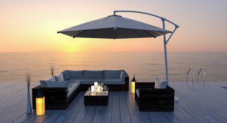 Sonnenterrasse mit Sitzgelegenheit und Sonnenschirm bei Sonnenuntergang