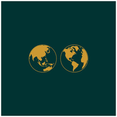 World logo design, globe, map, green background with golden lines
