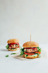 close-up of two burgers on a white background